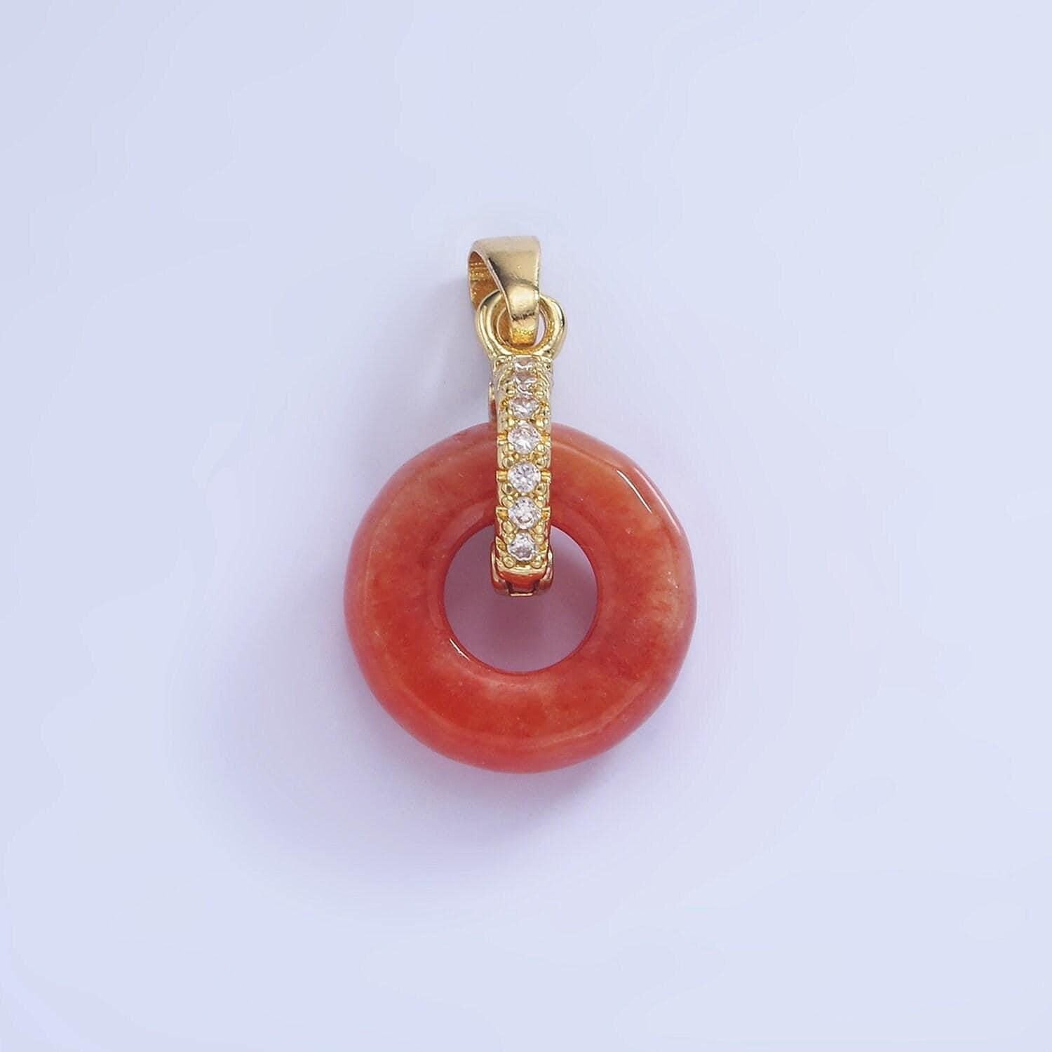 Red donut jasper charm micro paved cz gold pendant | aa1244