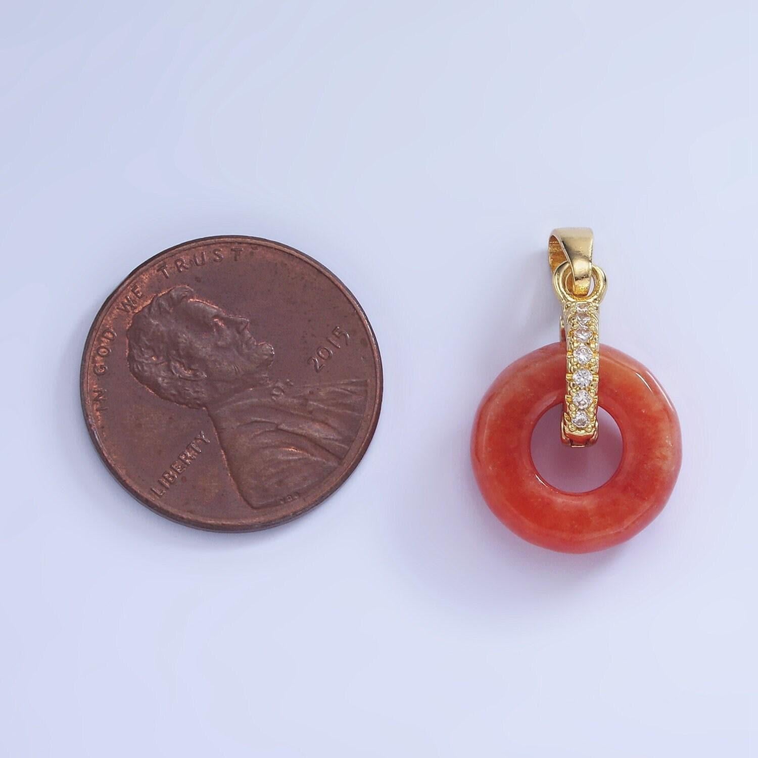 Red donut jasper charm micro paved cz gold pendant | aa1244