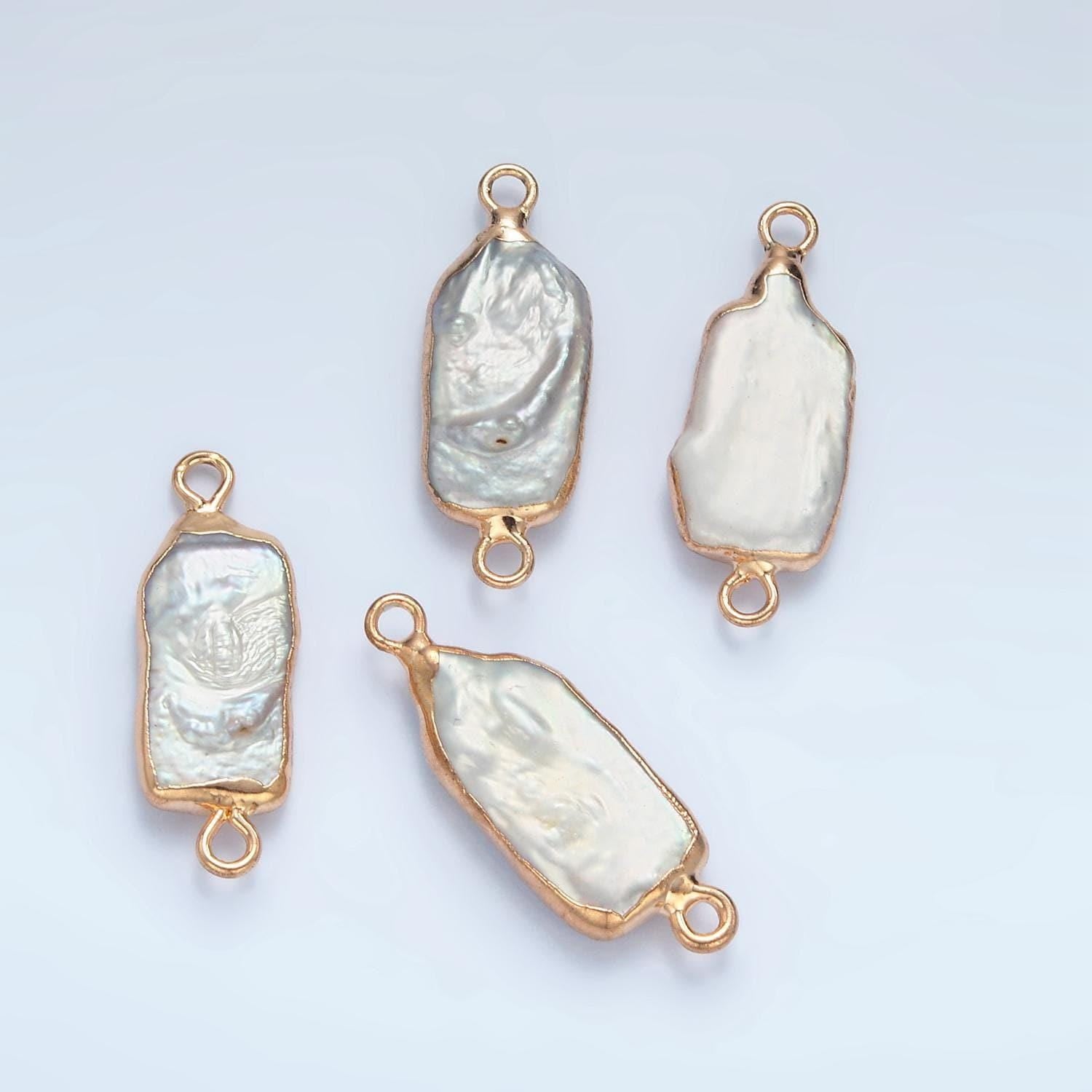 1x freshwater pearl connectors, gold rectangle two loop white charms small natural shell gold edge links p1761