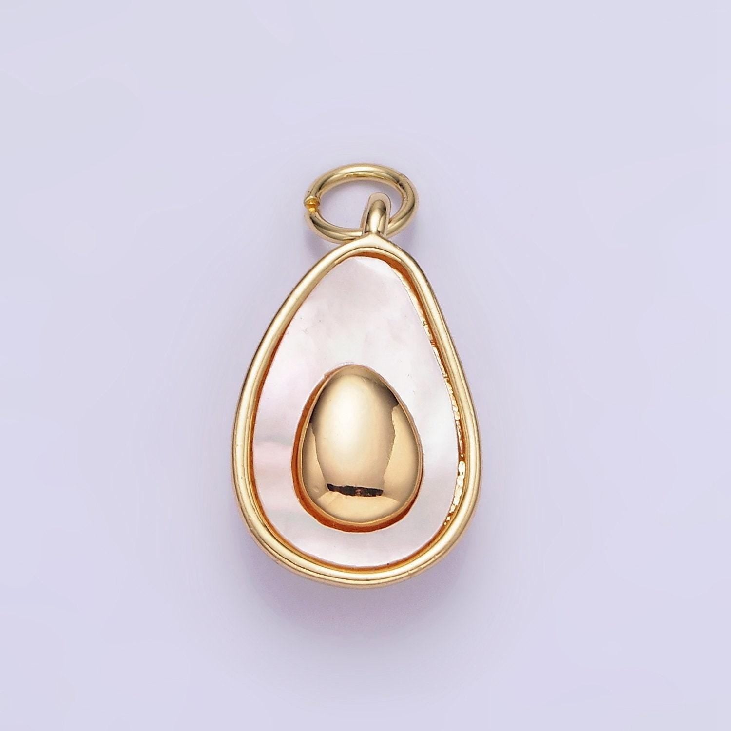 14k gold filled shell pearl avocado double abstract teardrop bezel charm | w-504