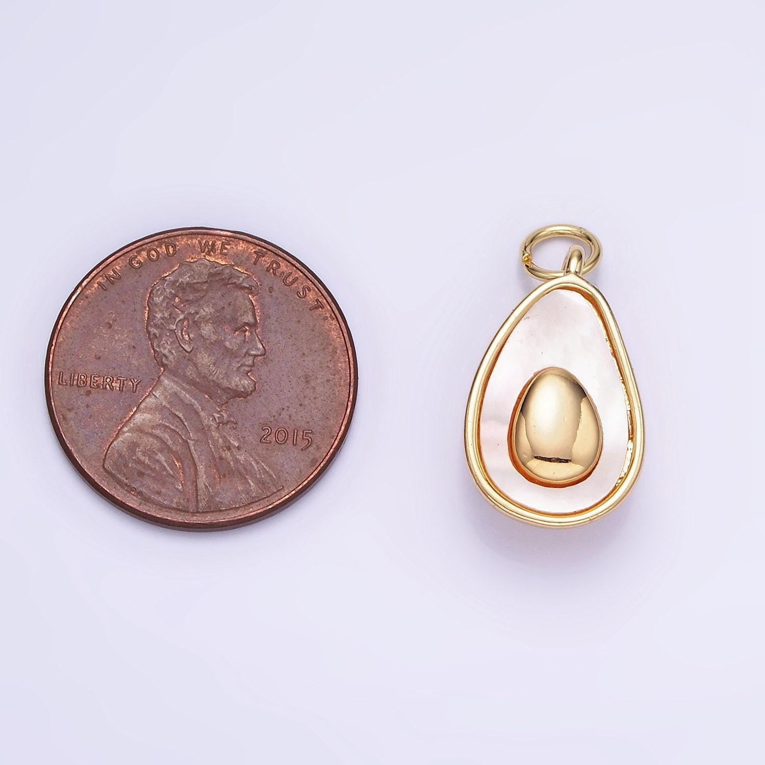 14k gold filled shell pearl avocado double abstract teardrop bezel charm | w-504