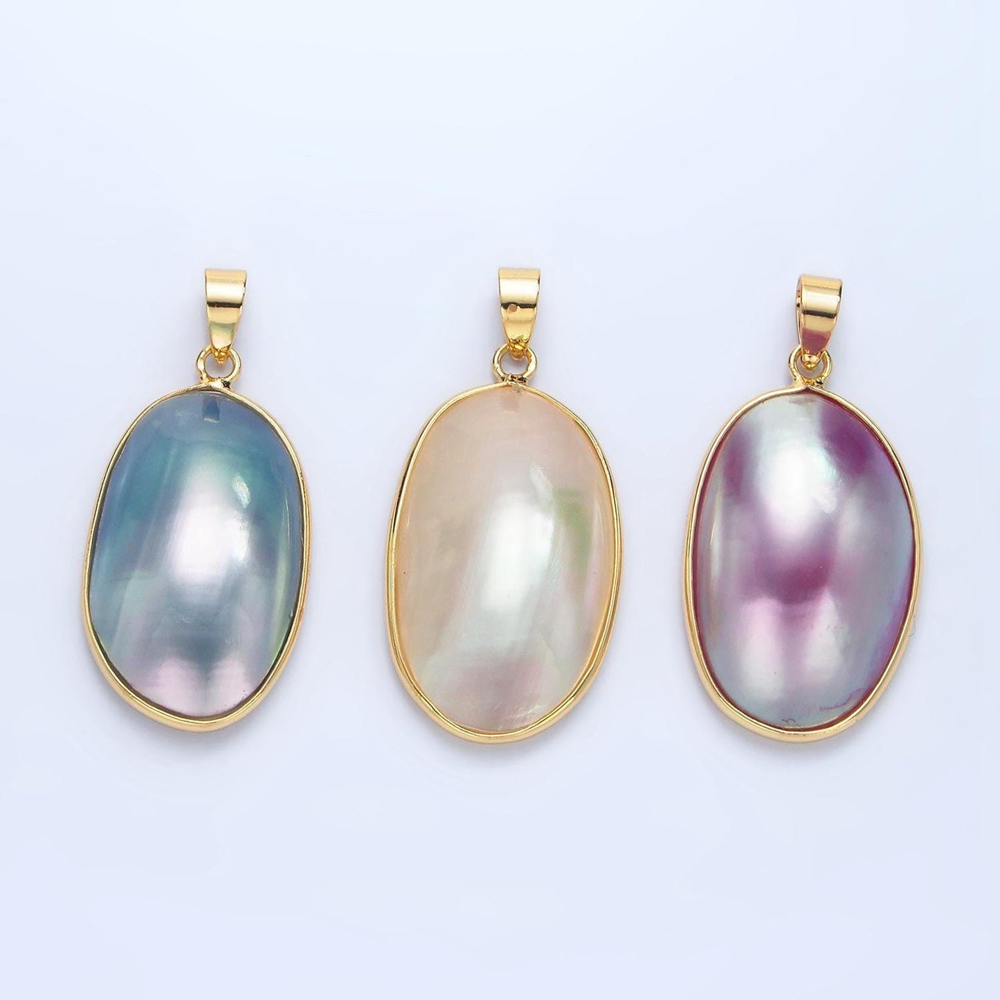 Gold rounded oval mauve pearl pendant, 24k gold filled stainless steel w. shell pearl purple blue charm | p-1902