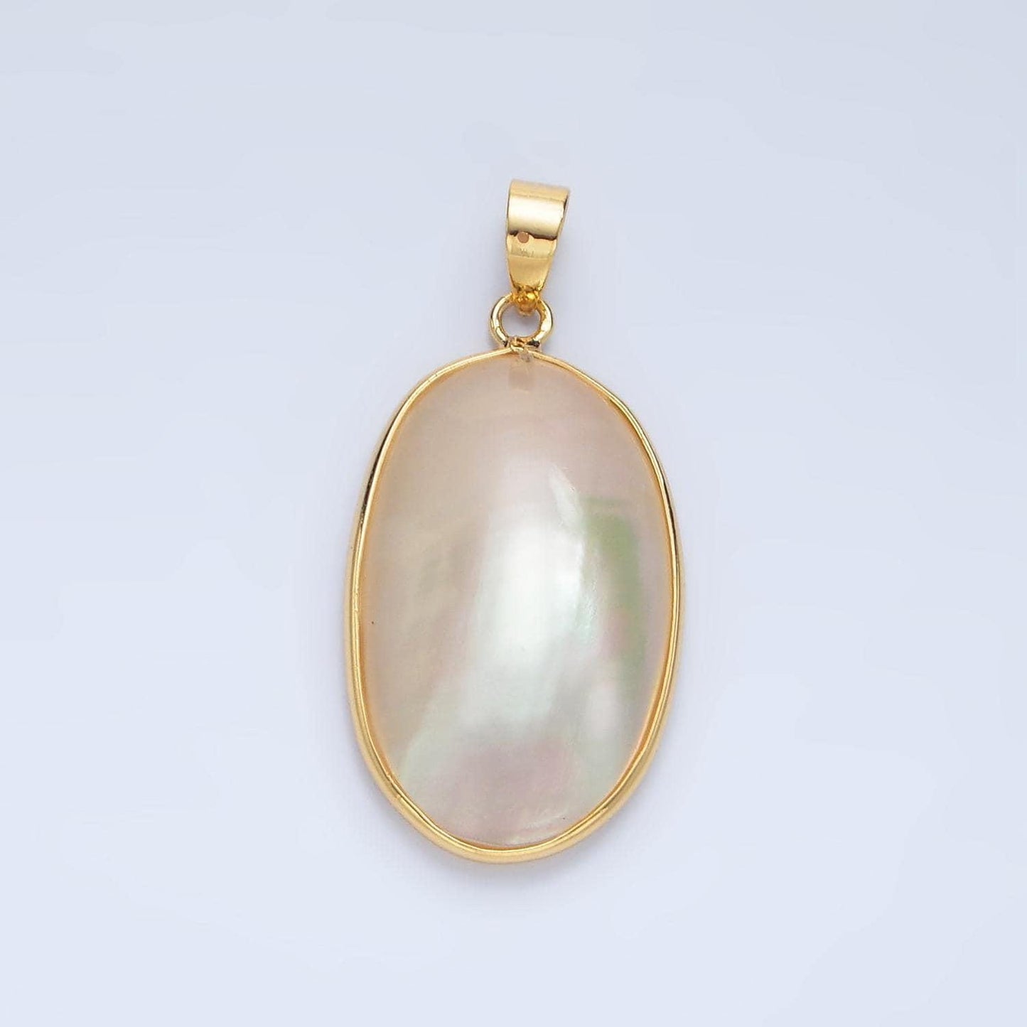 Gold rounded oval mauve pearl pendant, 24k gold filled stainless steel w. shell pearl purple blue charm | p-1902