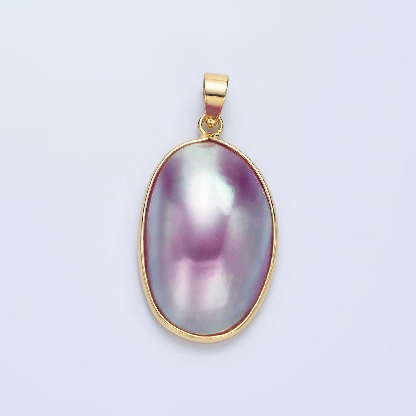 Gold rounded oval mauve pearl pendant, 24k gold filled stainless steel w. shell pearl purple blue charm | p-1902
