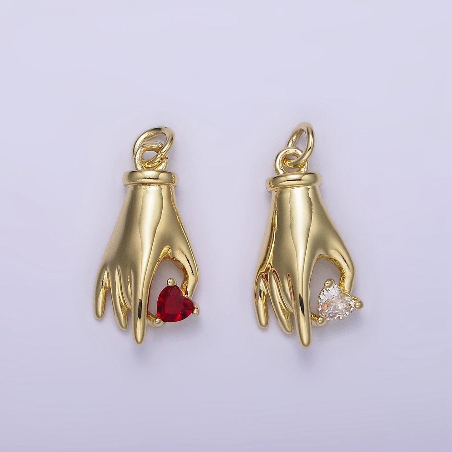 Hand with heart charm mini gold hand charm bracelet necklace dainty gold palm charm with clear red cz stone ag-202