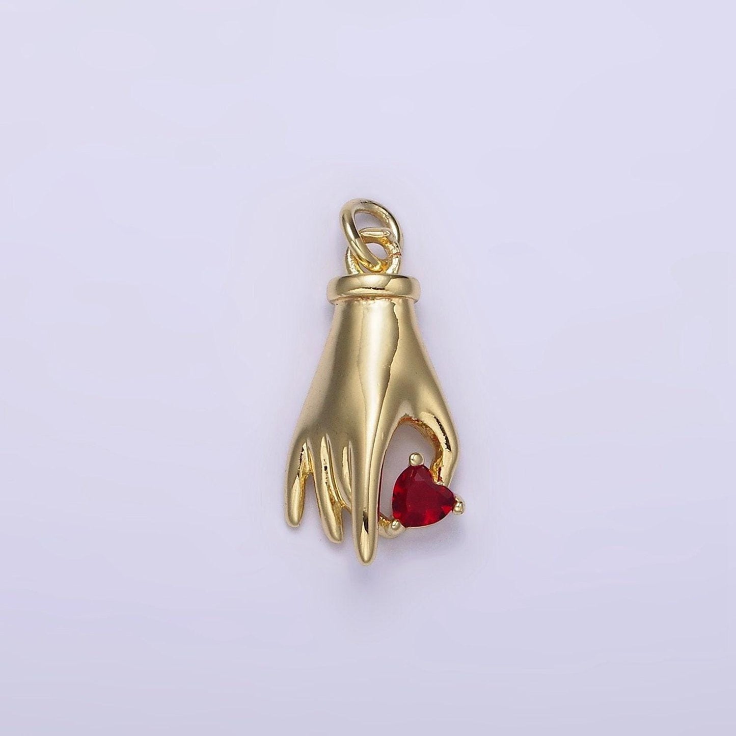 Hand with heart charm mini gold hand charm bracelet necklace dainty gold palm charm with clear red cz stone ag-202