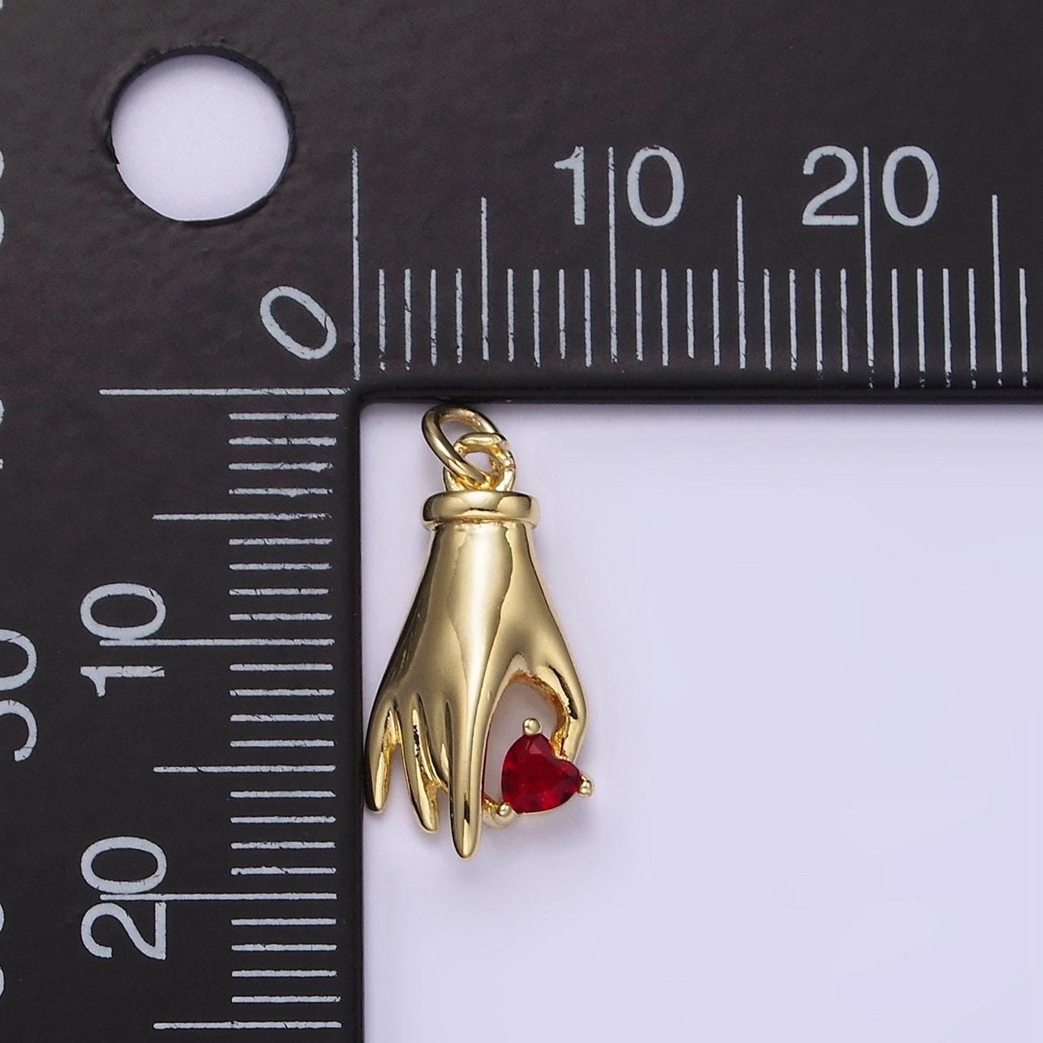 Hand with heart charm mini gold hand charm bracelet necklace dainty gold palm charm with clear red cz stone ag-202
