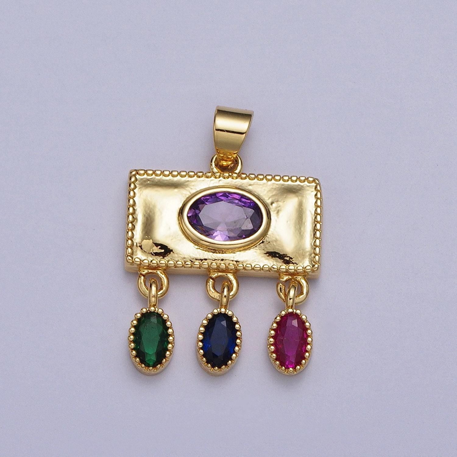 Dainty gold rectangular charm green pink purple oval multicolor cz dangle pendant for necklace component | aa009