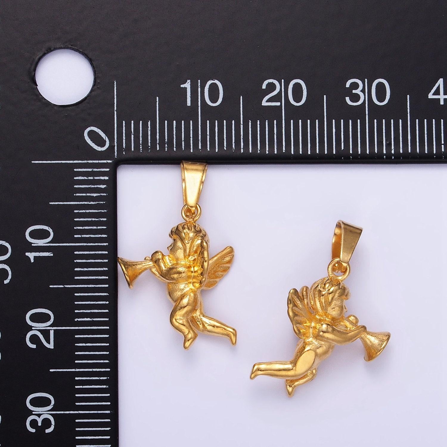 24k gold filed cherub baby angel with trumpet 3d mini valentine love charm in gold | p1456