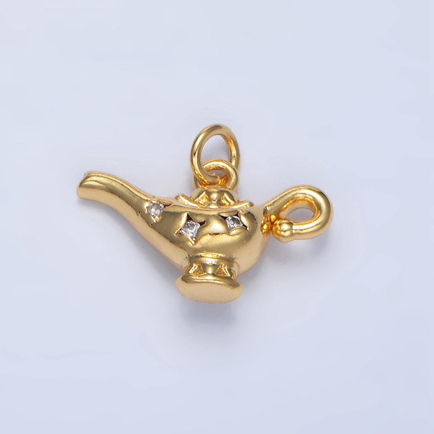 Mini 24k gold filled magical genie lamp cz micro paved charm aladdin lamp charm | x-893
