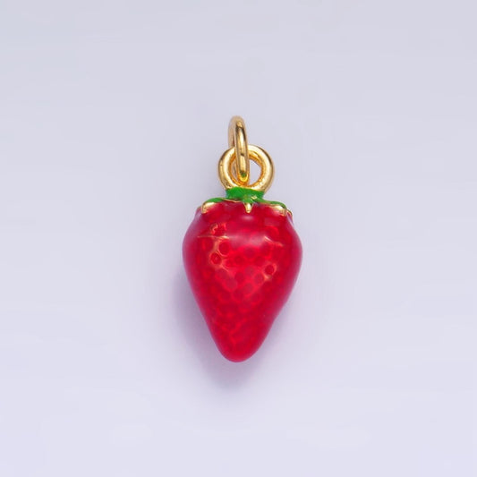 Mini enamel multidimensional strawberry fruit 24k gold filled charm | w-005