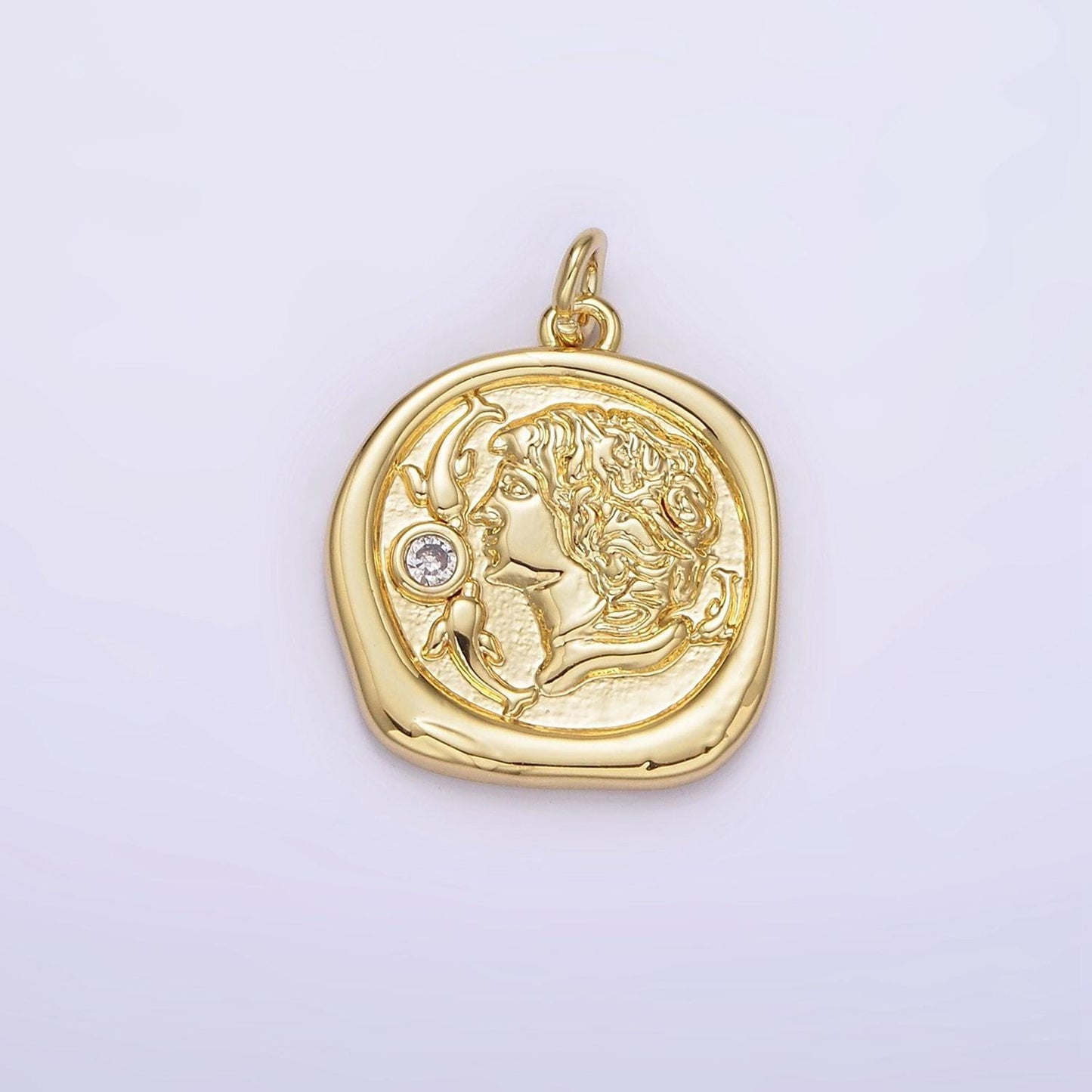 14k gold filled 20mm double fish clear cz mermaid portrait cameo stamped round charm | ah306