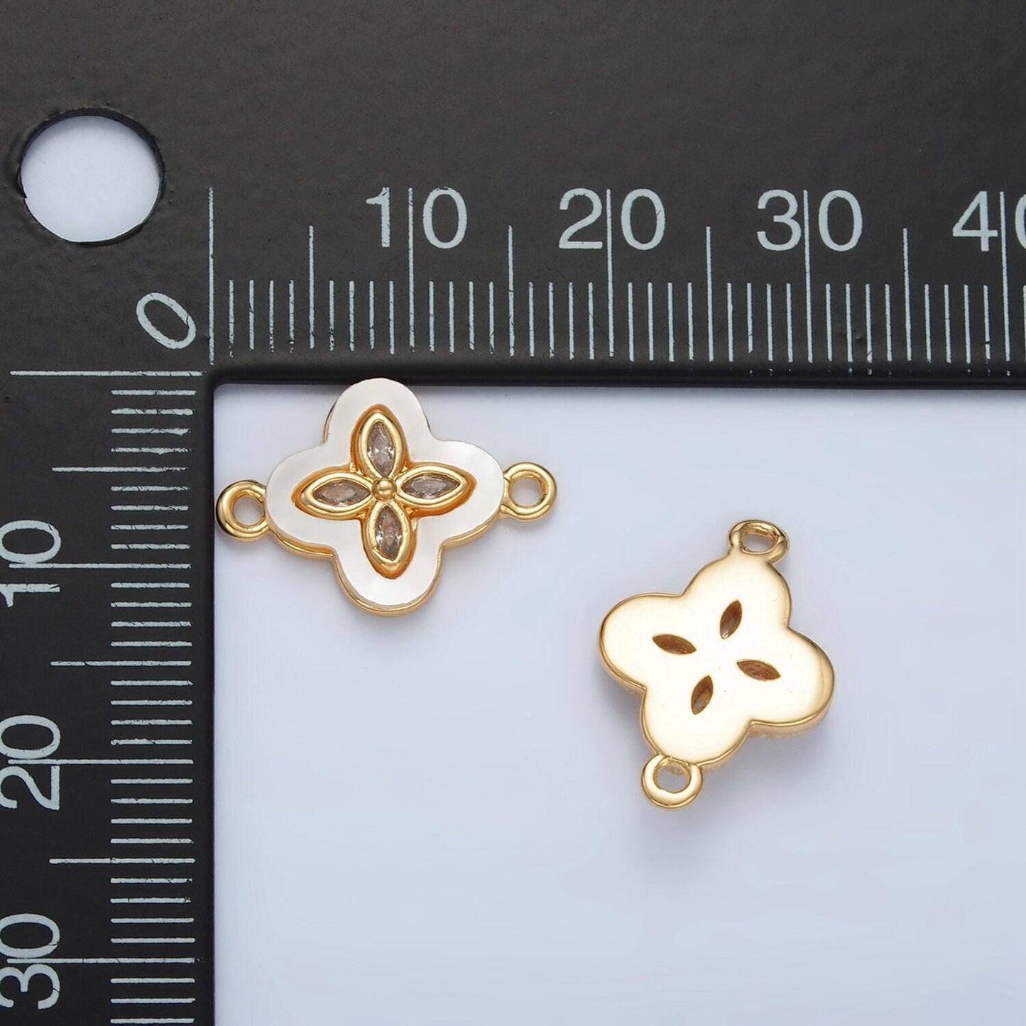 24k gold filled four leaf clover cz shell pearl connector | f-097