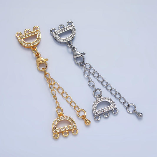 Cz paved triple layer necklace detangler w/ extender + clasp in gold & silver | z-989