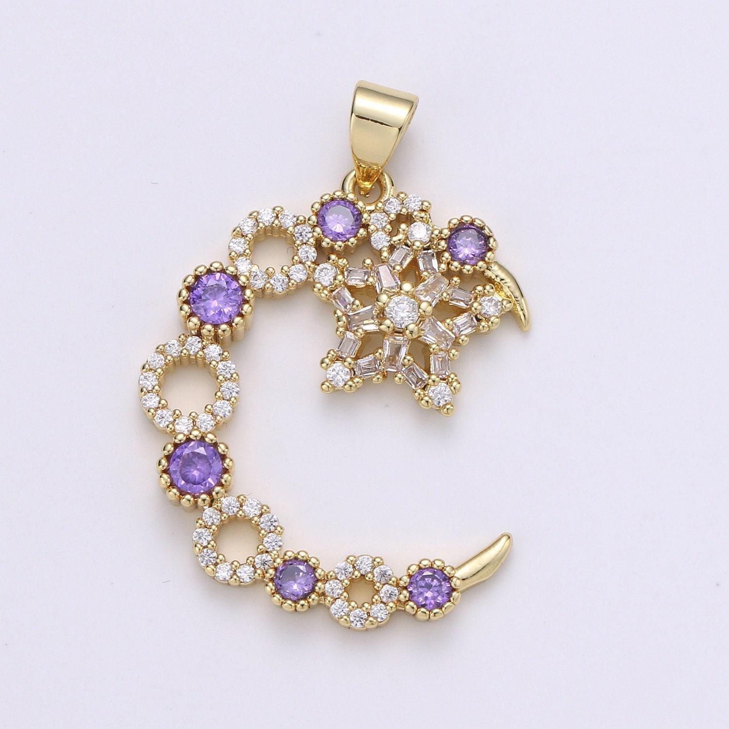 24k gold micro pave star charm, cubic zirconia cresent moon pendant charm, purple cz charm, for diy jewelry, pdgf-2069