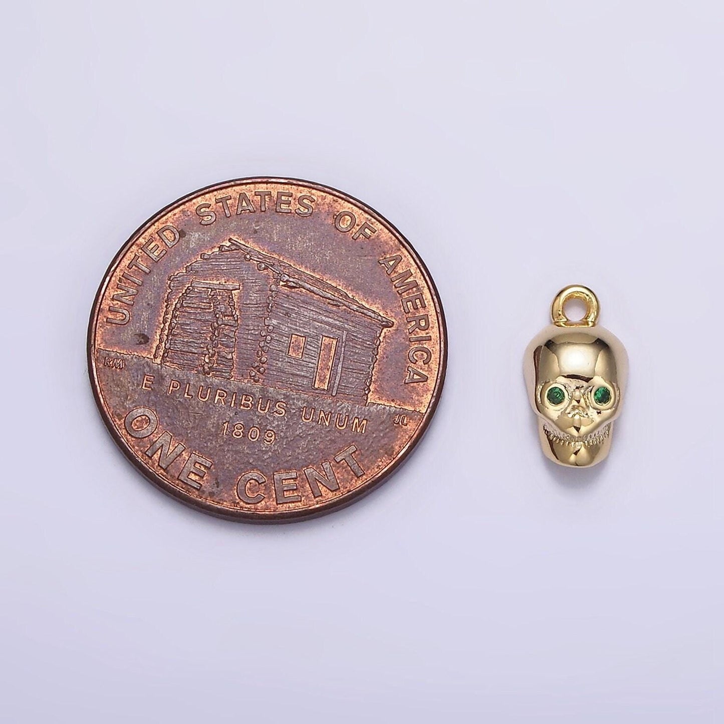 16k gold filled mini green-eyed cz robot skull add-on charm | n947