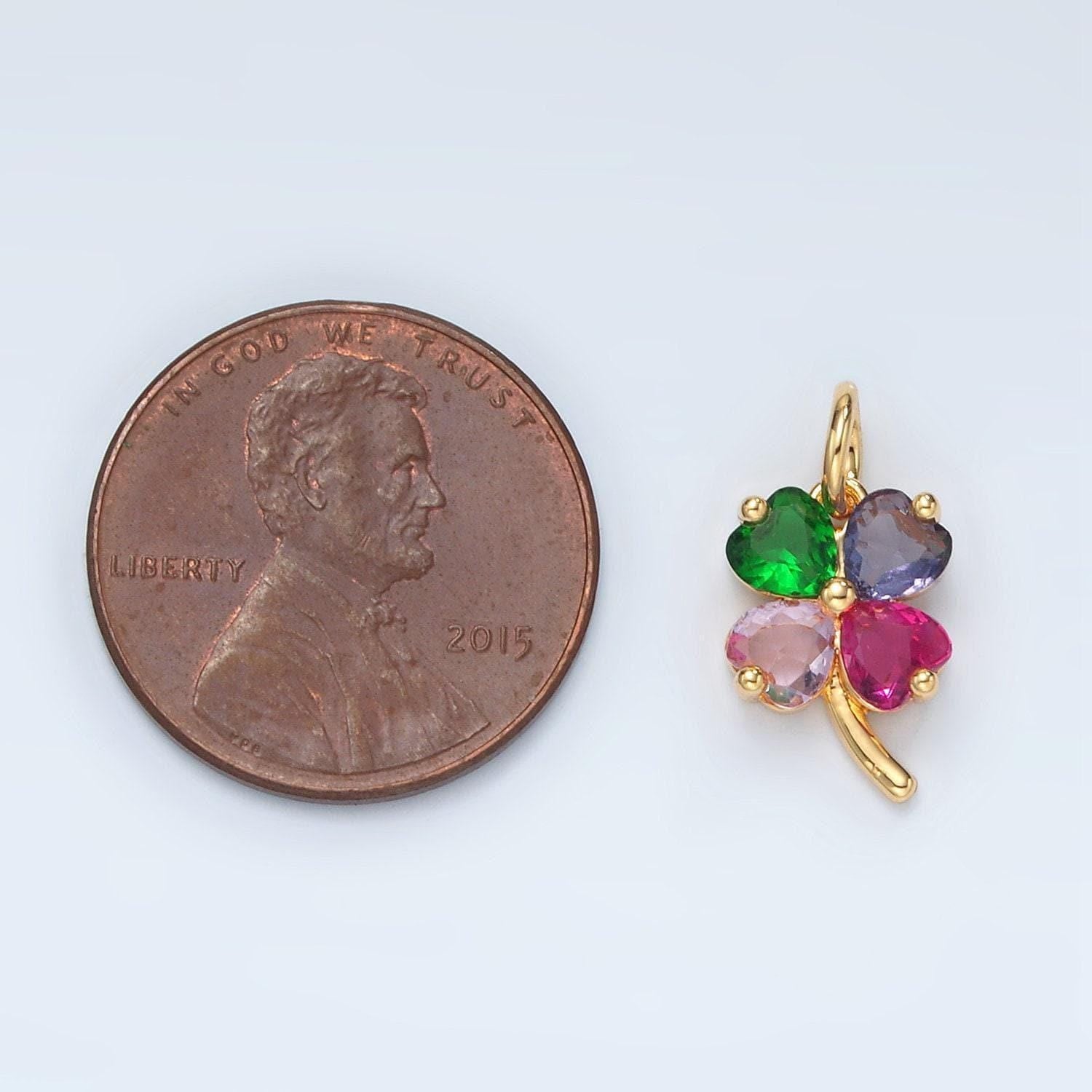 Mini gold cz multi color four-leaf clover pendant, 14k gold filled clover rainbow hearts charm lucky pendant jewelry making supply | d715