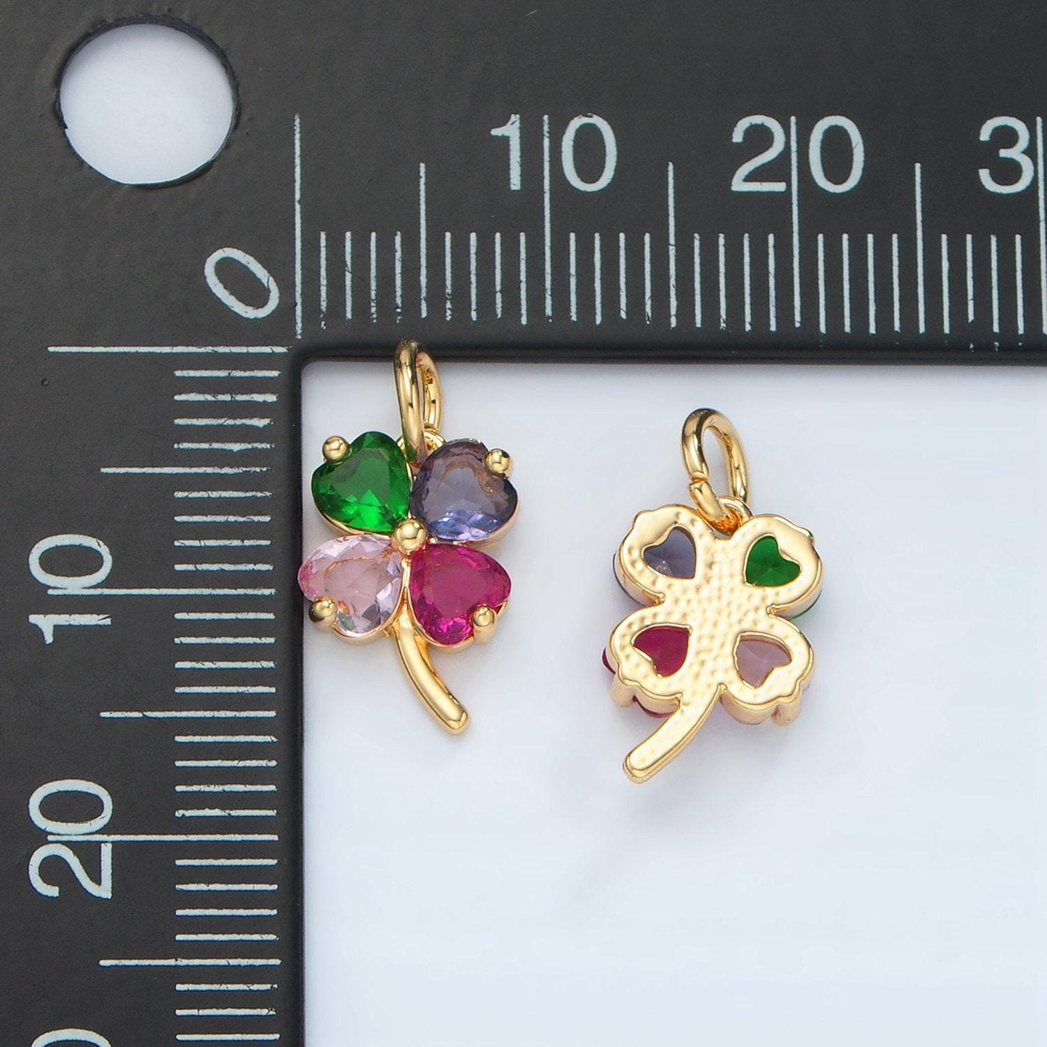 Mini gold cz multi color four-leaf clover pendant, 14k gold filled clover rainbow hearts charm lucky pendant jewelry making supply | d715