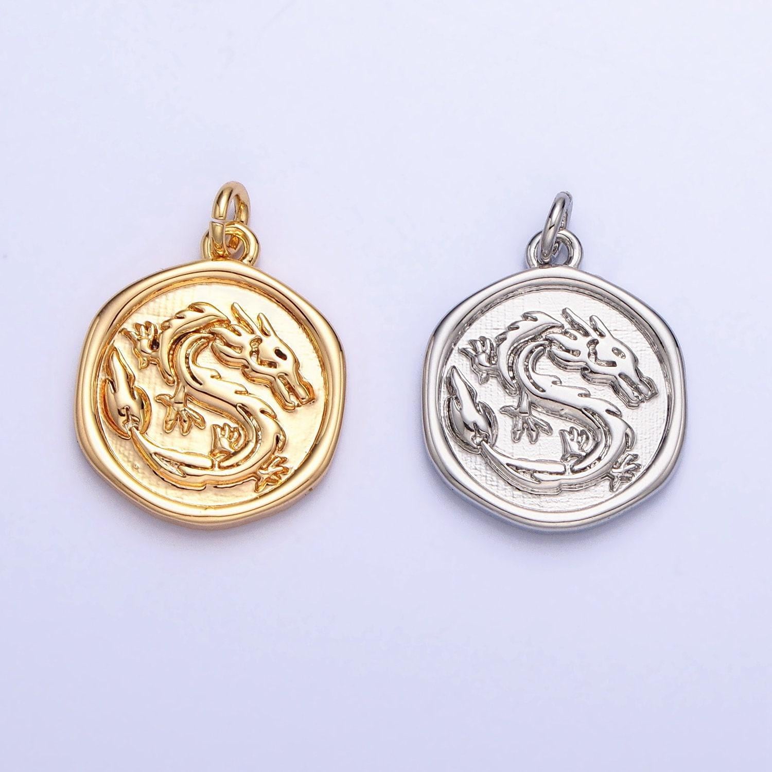 Mini gold ancient coin charm dragon silver dragon fantasy creature for bracelet necklace earring supply ac-440 ac946