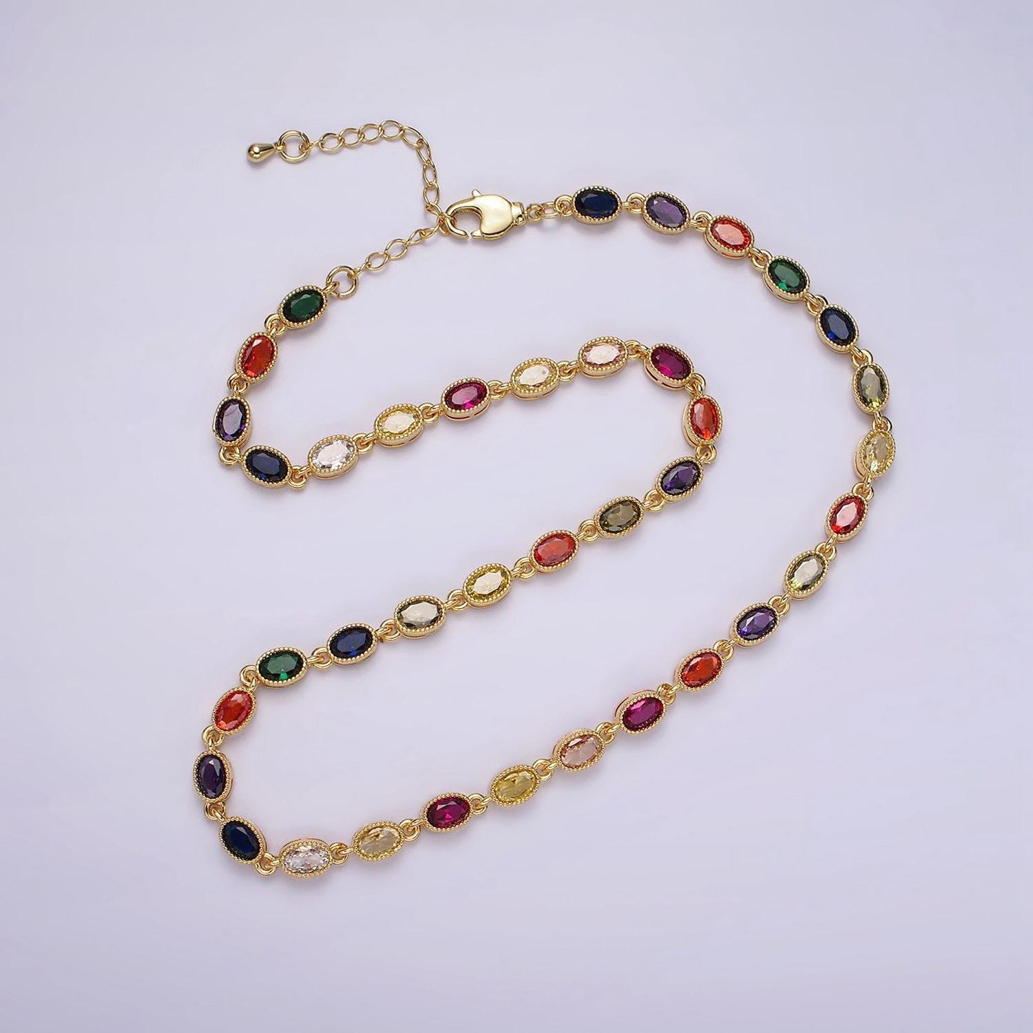 14k gold filled charm necklace | multicolor cz stone charms necklace | oval rainbow zirconia stone necklace for christmas gift wa2246