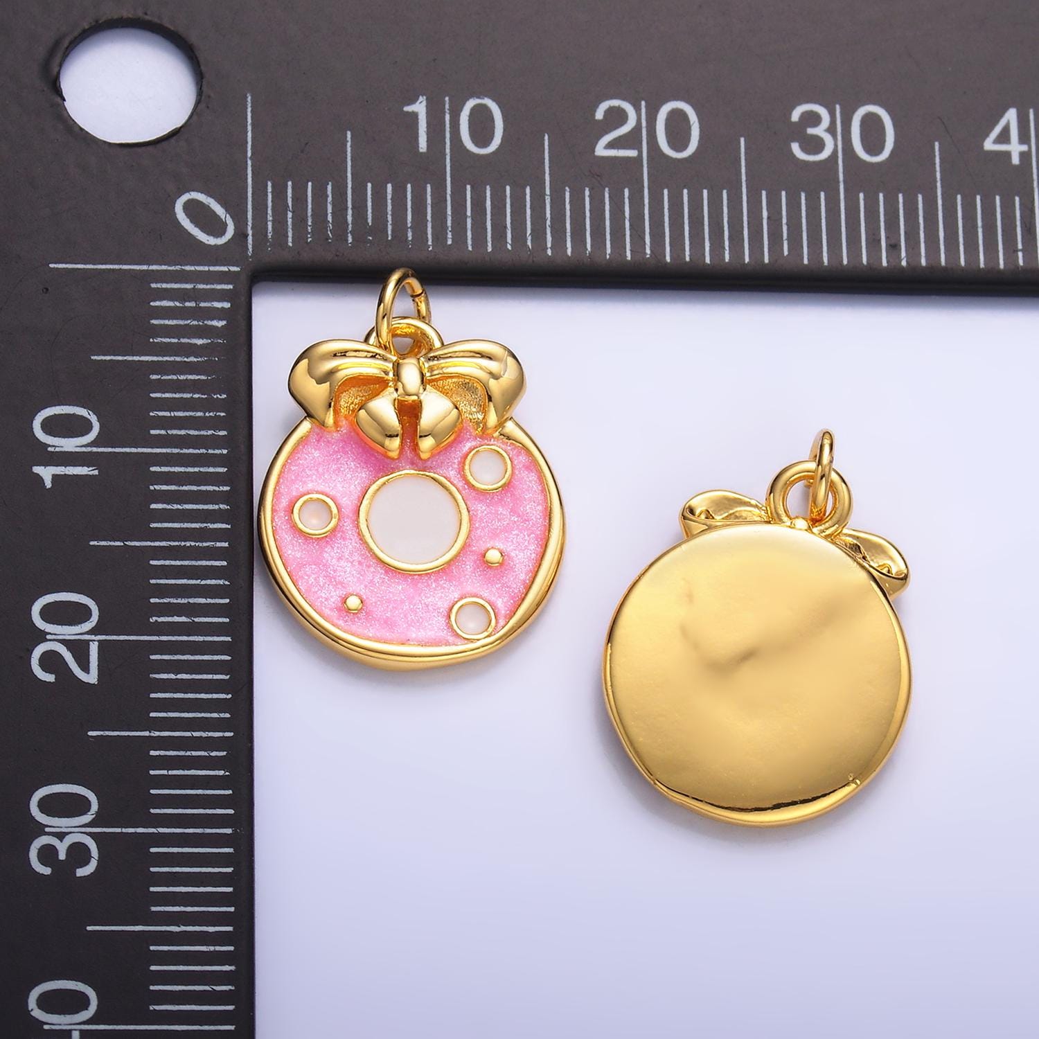 Gold Pink Enamel charm dots bubble charm pendant tiny Bow Heart coin charm 14k gold filled W441