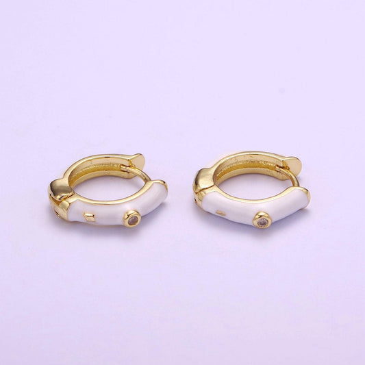 Cute enamel gold hoop earring, white huggie earring, color hoops, huggies earrings 14mm hoops