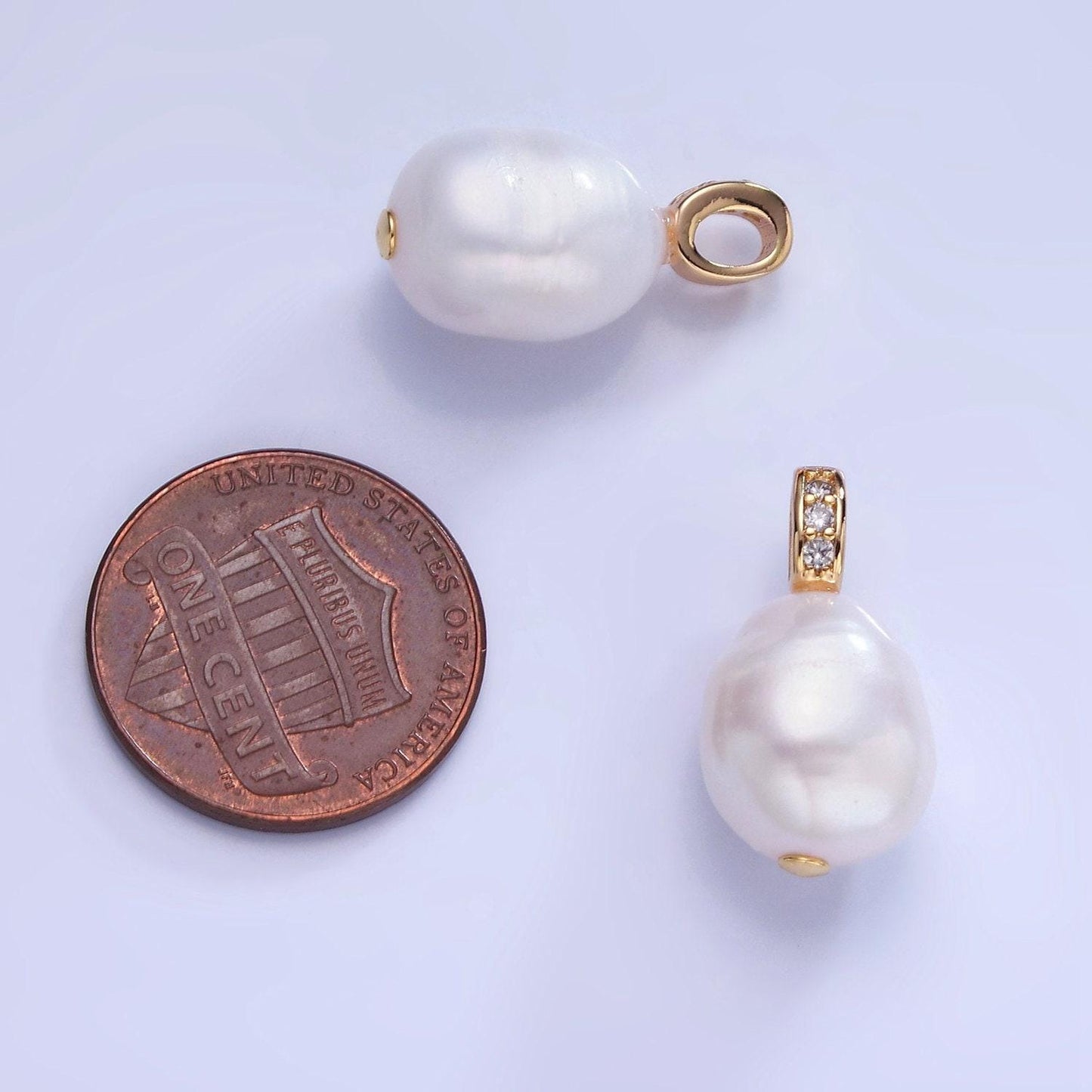 14k gold filled ringed white freshwater pearl micro paved cz bail pendant | p-1735
