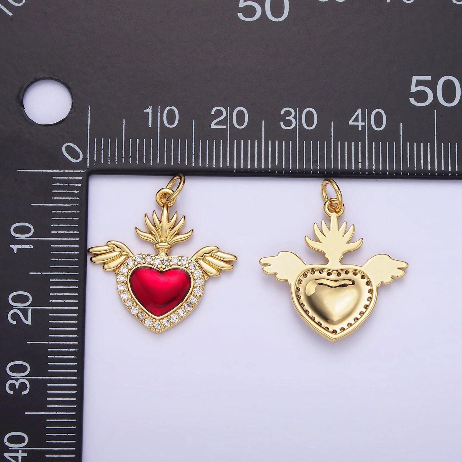 14k gold filled red cz heart with crown baby angel wings charm | ag625