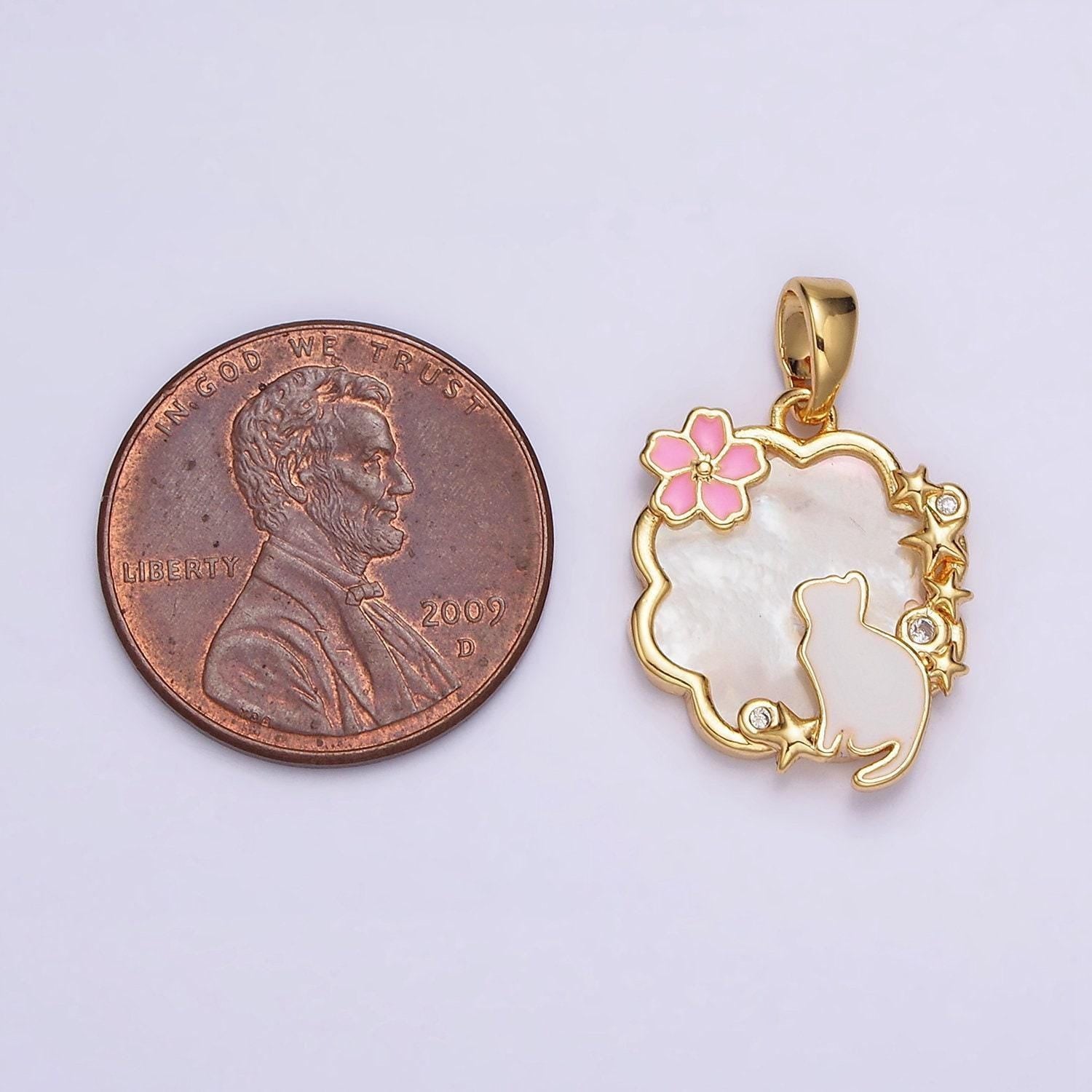 24k gold filled celestial stars cz white cat pink flower enamel cloud shell pearl pendant | aa589