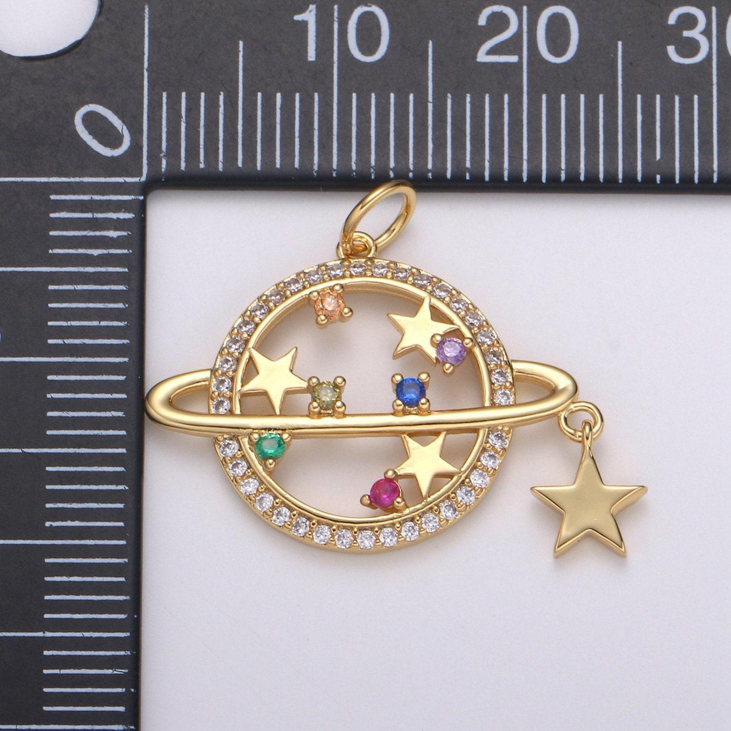 Micro pave multi cz planet of the universe pendant gold charm, star orbit galaxy, world equator star diy jewelry necklace, e-214