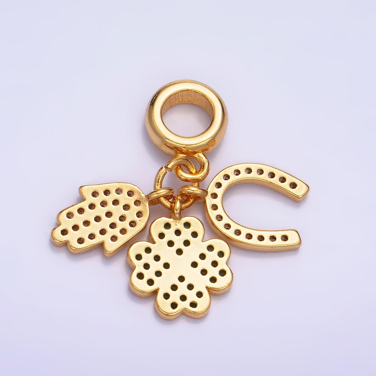 24K Gold Filled CZ Micro Paved Horse Shoe, Green Four Leaf Clover, Hamsa Hand Rondelle Drop Lucky Charms | W421