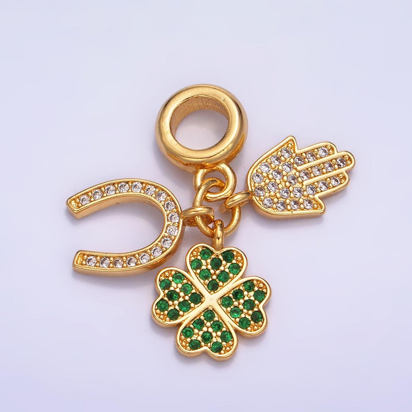 24K Gold Filled CZ Micro Paved Horse Shoe, Green Four Leaf Clover, Hamsa Hand Rondelle Drop Lucky Charms | W421
