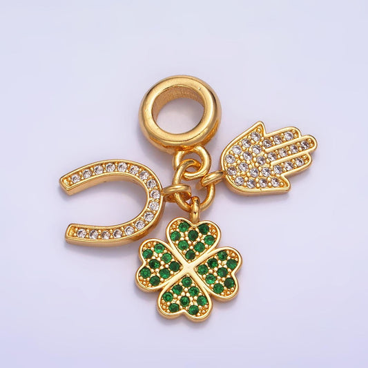 24K Gold Filled CZ Micro Paved Horse Shoe, Green Four Leaf Clover, Hamsa Hand Rondelle Drop Lucky Charms | W421