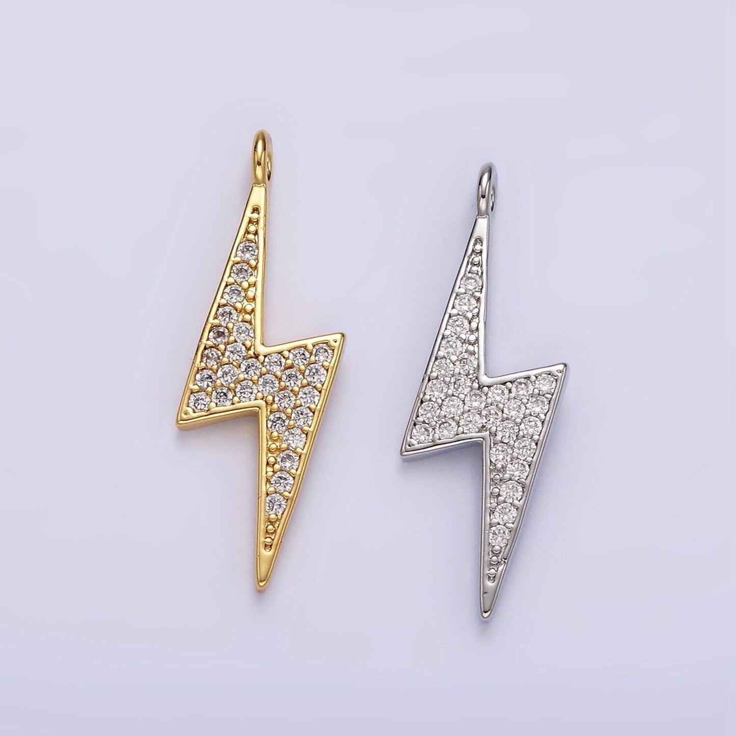 14k gold filled 25.5mm clear micro paved cz thunder lightning bolt charm in gold & silver | ag402 ag403
