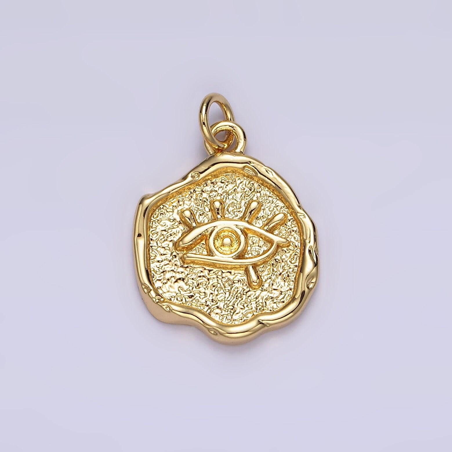 14k gold filled evil eye hammered textured stamped round charm | n1035