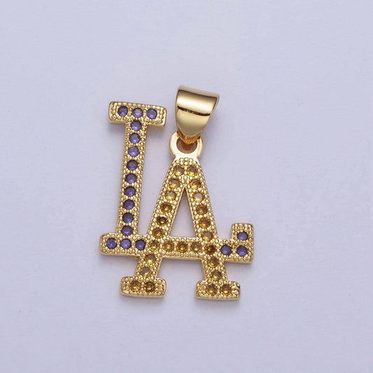 Gold los angeles charm, purple yellow micro cz pave la sign pendants for necklace component | x-423