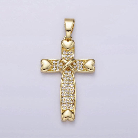 14k gold filled heart clear micro paved cz tied religious cross pendant | n1280