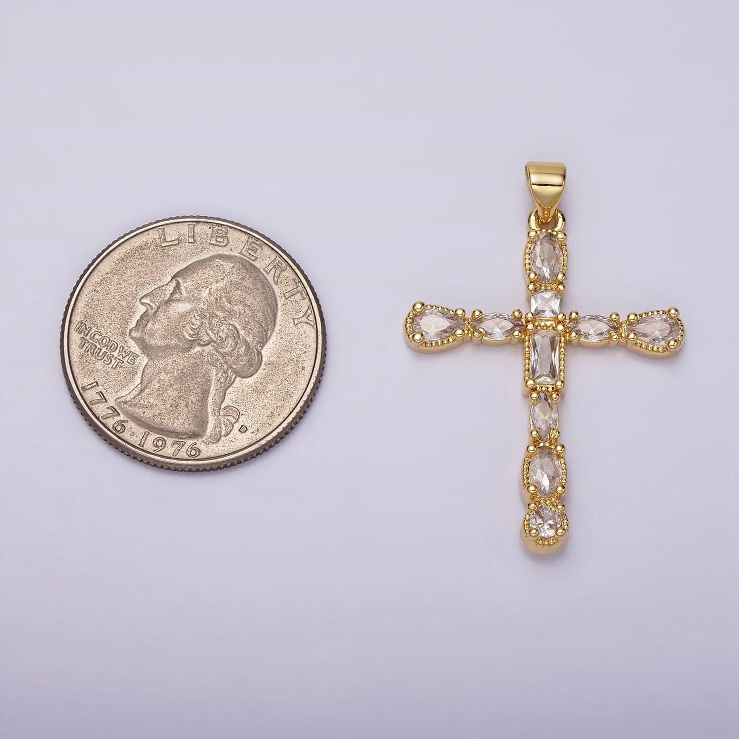 24k gold filled clear cz geometric latin cross pendant | n1922