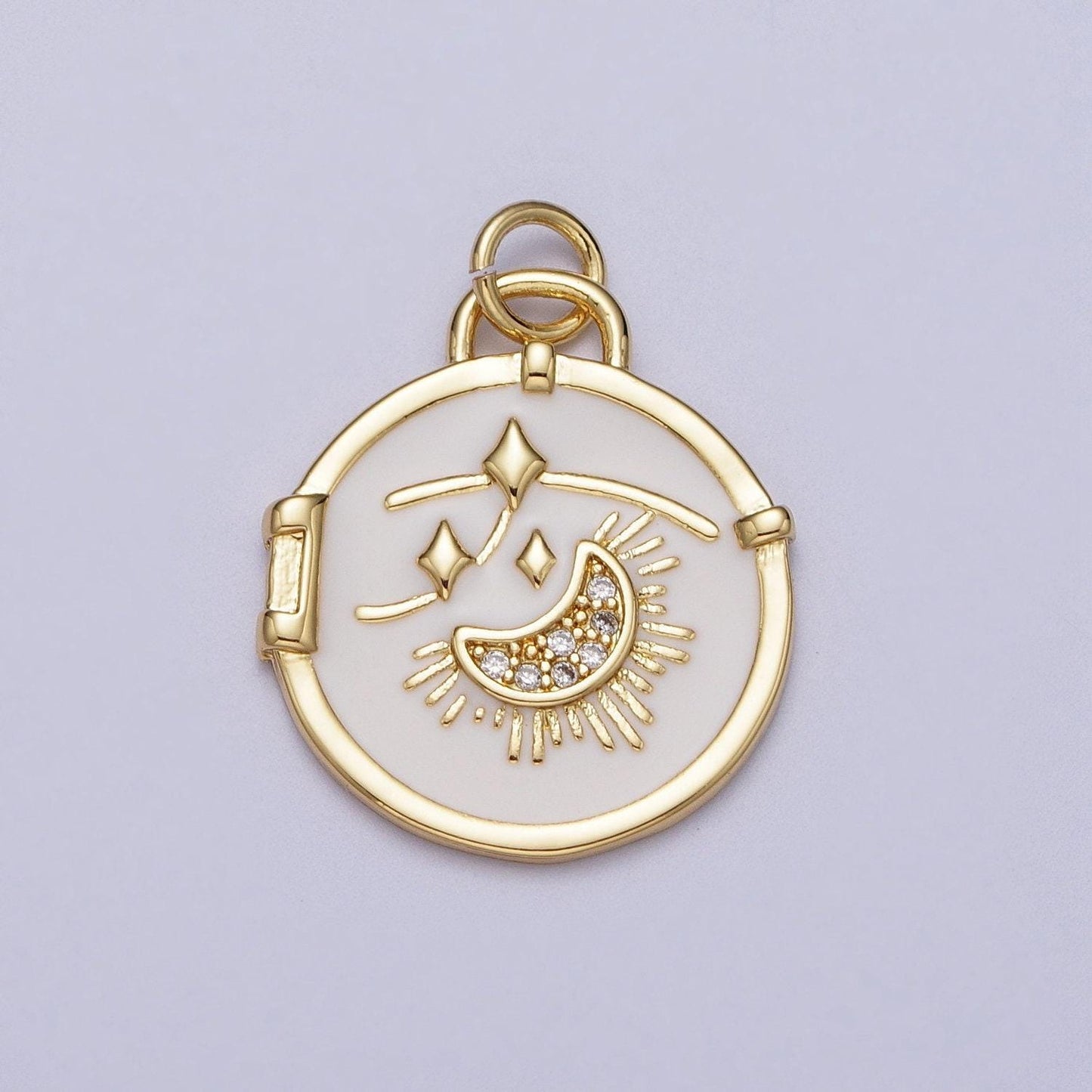 14k gold filled white enamel star sun crescent moon round coin charm celestial jewelry making | e696