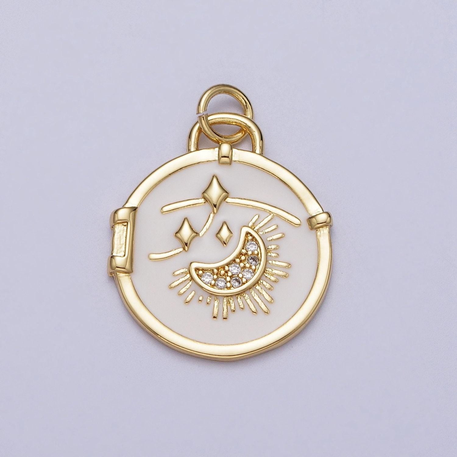 14k gold filled white enamel star sun crescent moon round coin charm celestial jewelry making | e696