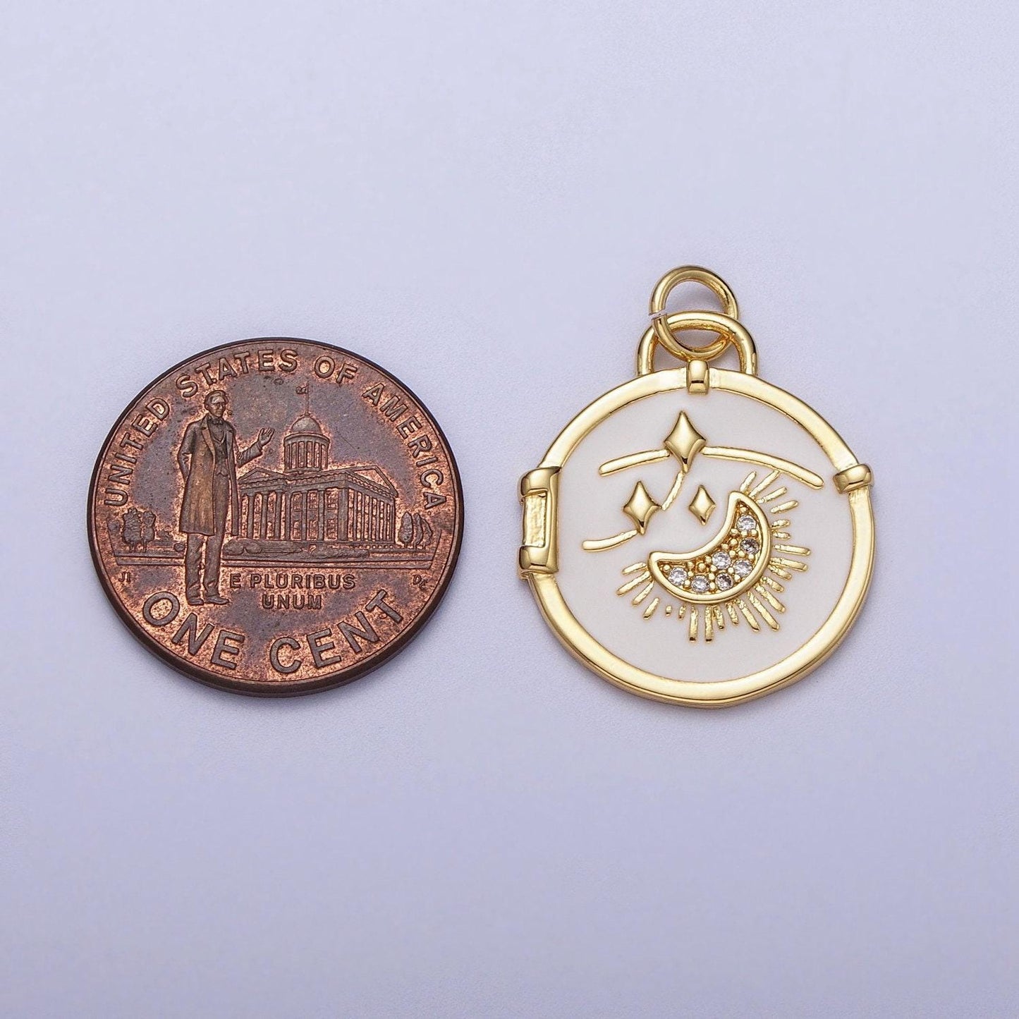 14k gold filled white enamel star sun crescent moon round coin charm celestial jewelry making | e696