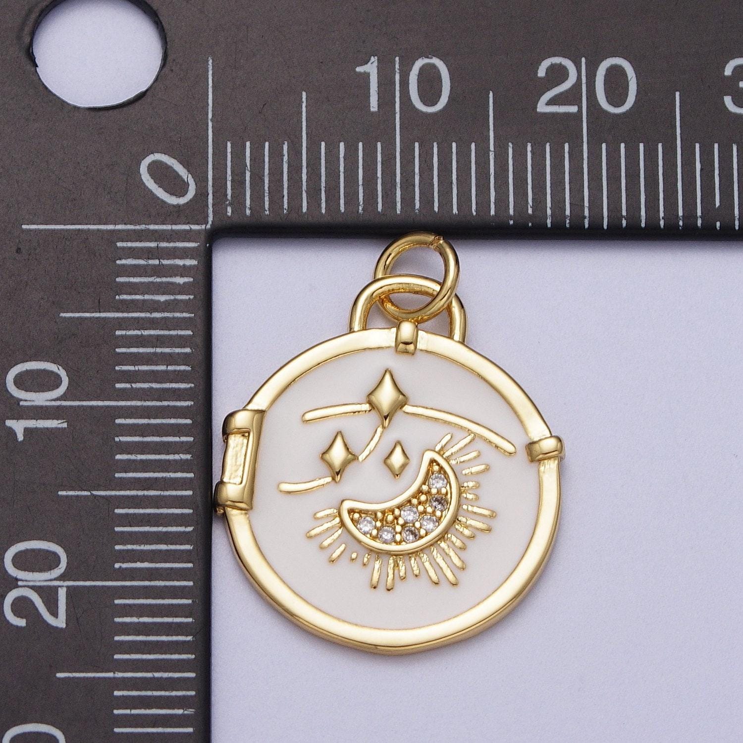 14k gold filled white enamel star sun crescent moon round coin charm celestial jewelry making | e696