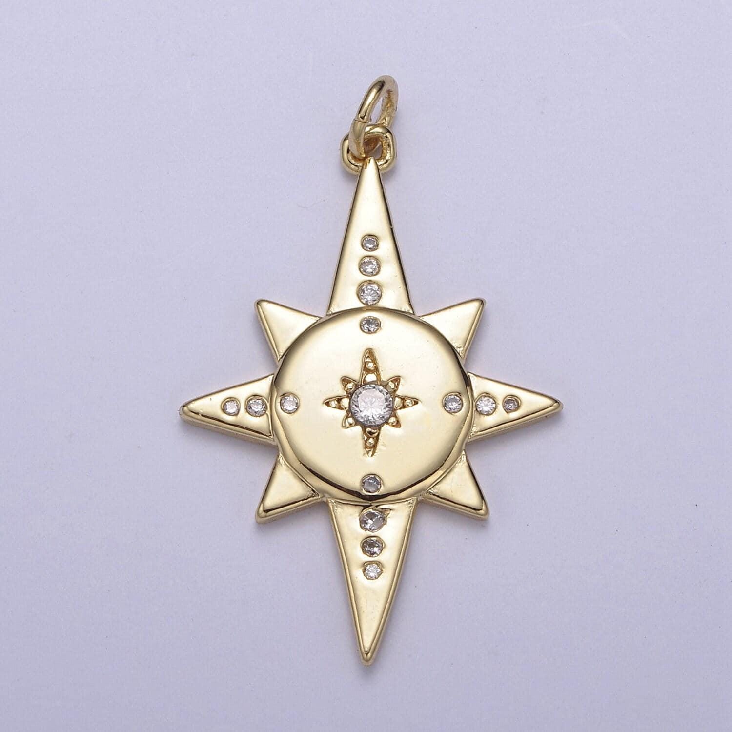 16k gold fill micro pave north stars charm, pointed stars compass polaris cubic zirconia pendant charm diy earring bracelet necklace supply