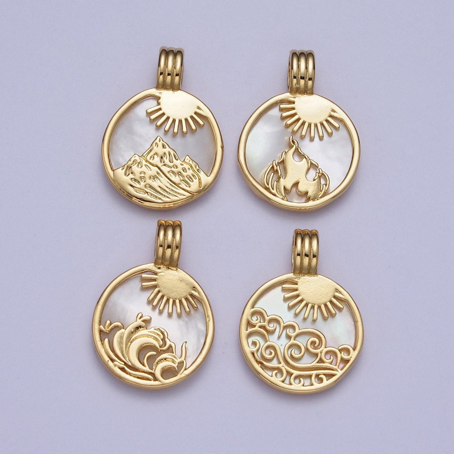 24k gold filled element collection: gold element sun ray pendants, fire wind earth water coin medallion charms | x-402~x-405