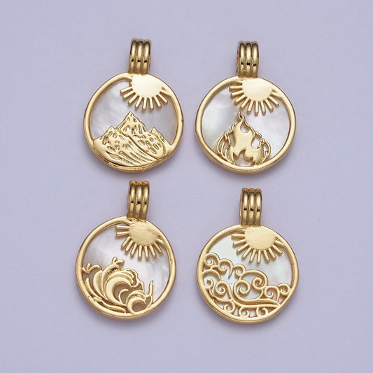 24k gold filled element collection: gold element sun ray pendants, fire wind earth water coin medallion charms | x-402~x-405
