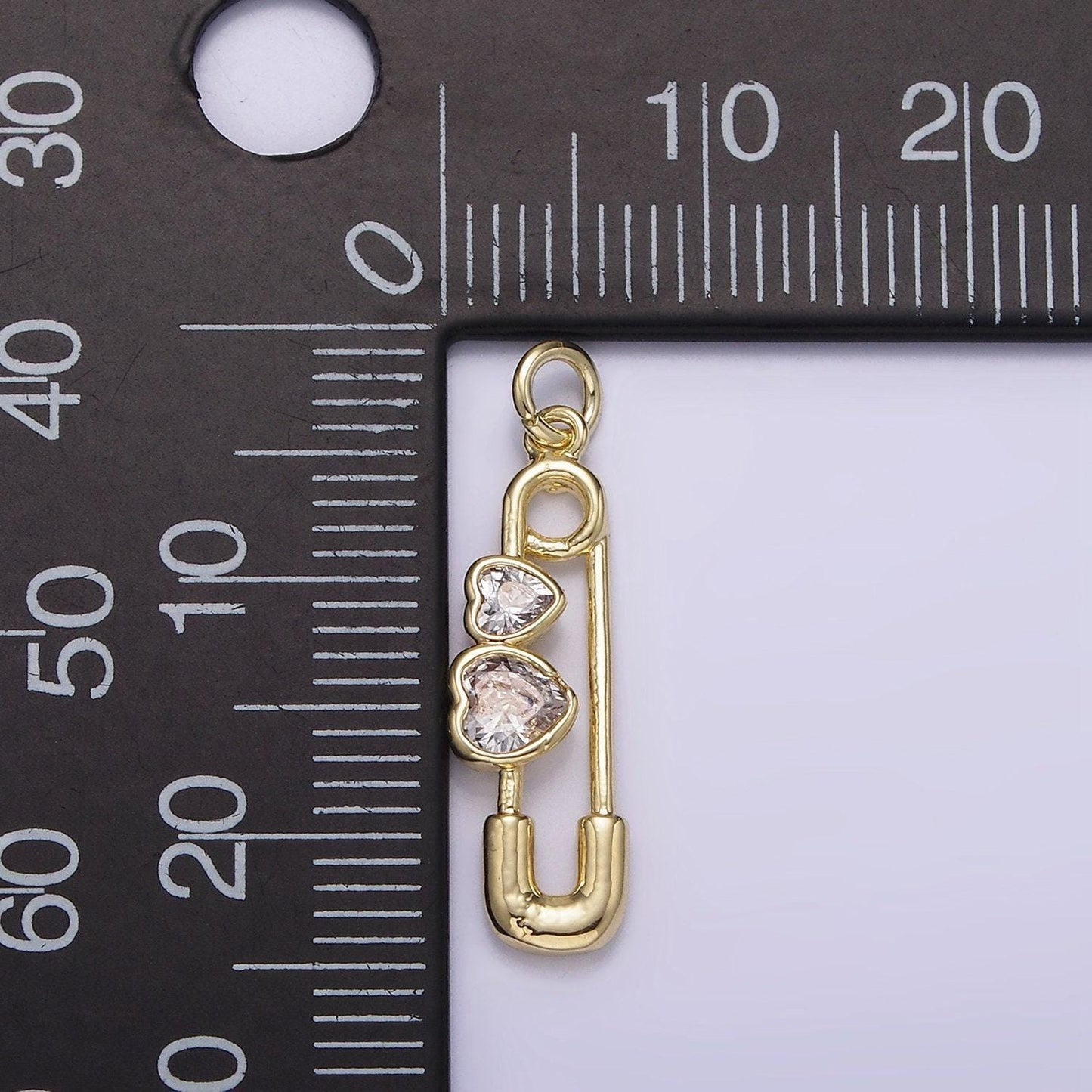 14k gold filled double clear cz heart safety baby pin charm | ag229