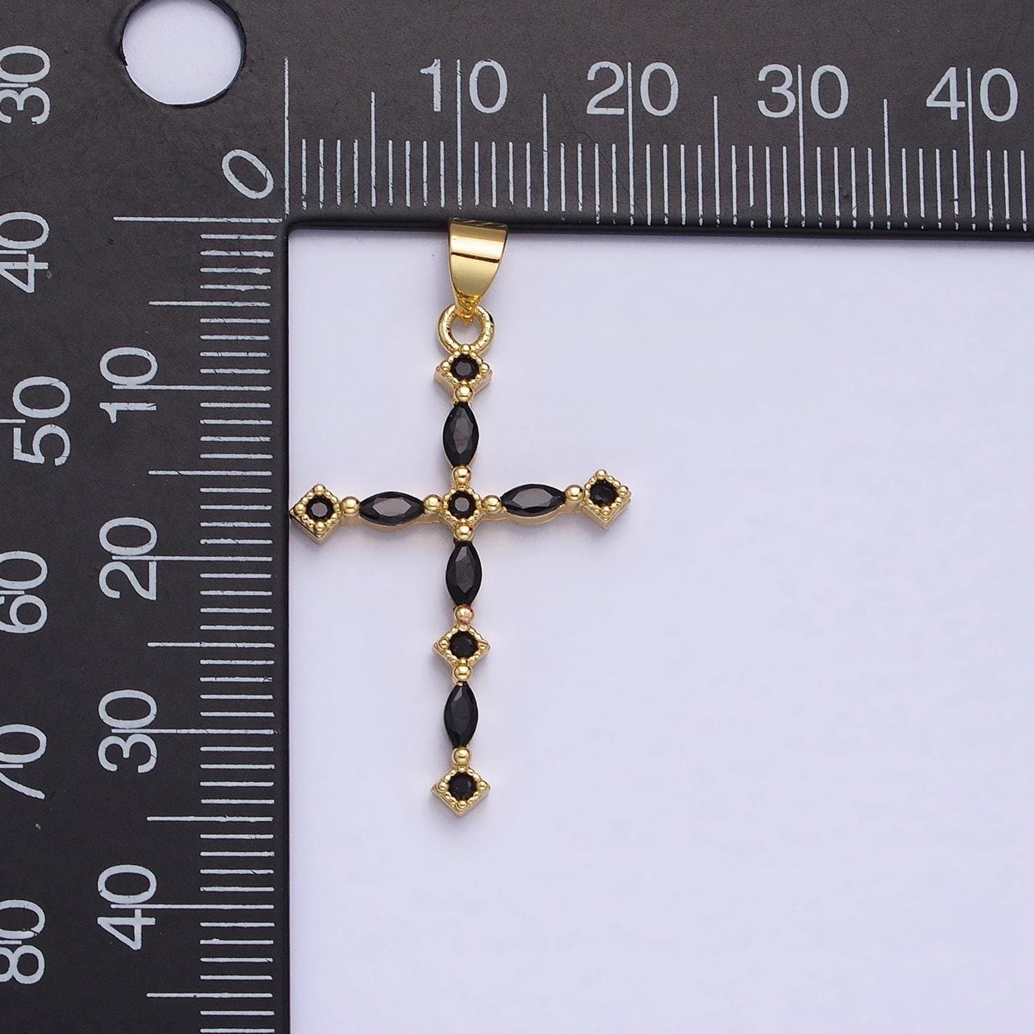 24k gold filled clear, black marquise cz lined religious thin cross | aa231 aa232