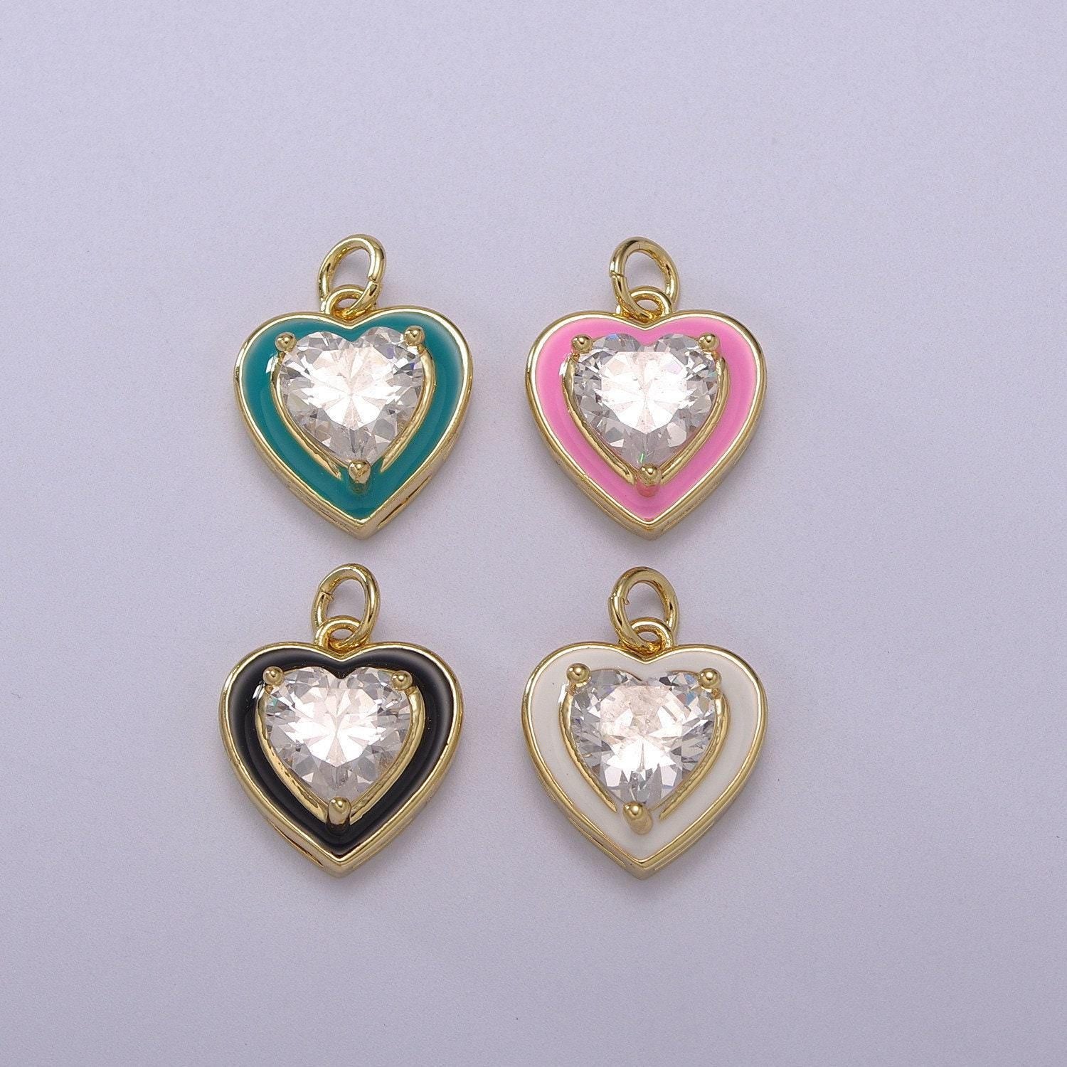 1pc gold heart enamel solitaire cz charms, cubic love charm with color enamel to choose charm medallion for necklace,m-670-m673