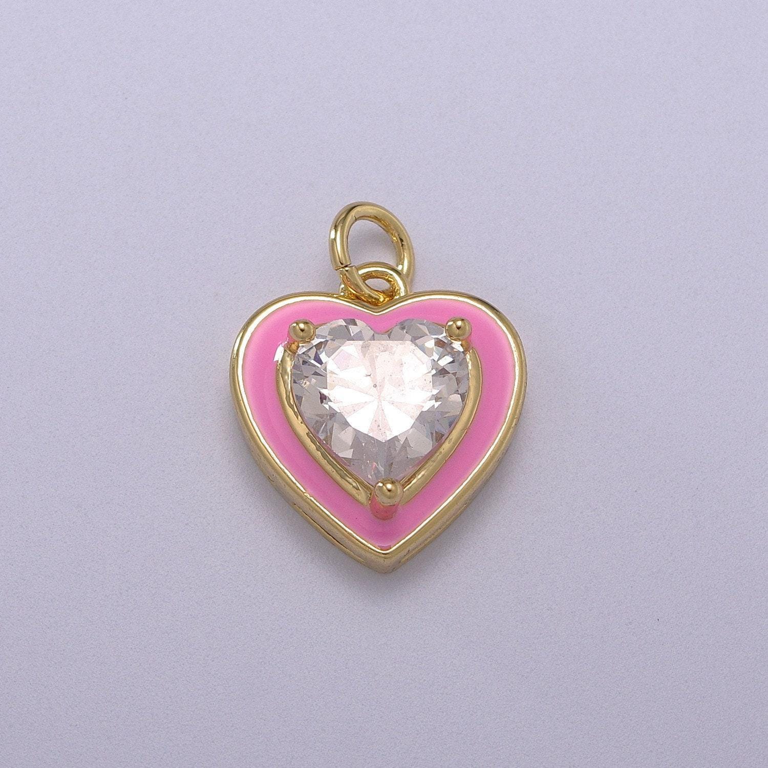 1pc gold heart enamel solitaire cz charms, cubic love charm with color enamel to choose charm medallion for necklace,m-670-m673