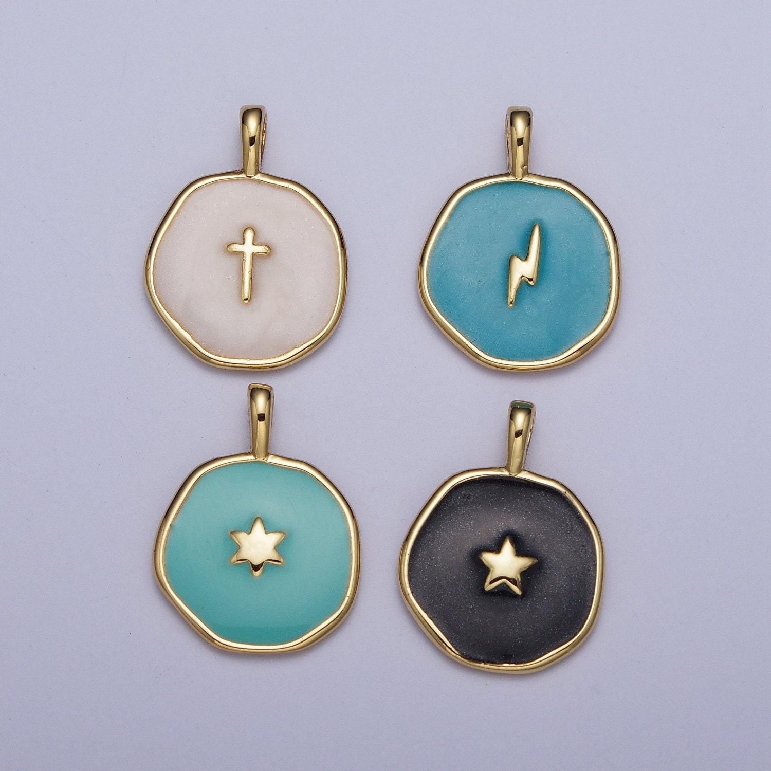 Enamel gold celestial star, religious cross, lightning bolt medallion round charm for jewelry making | ag024~ag027